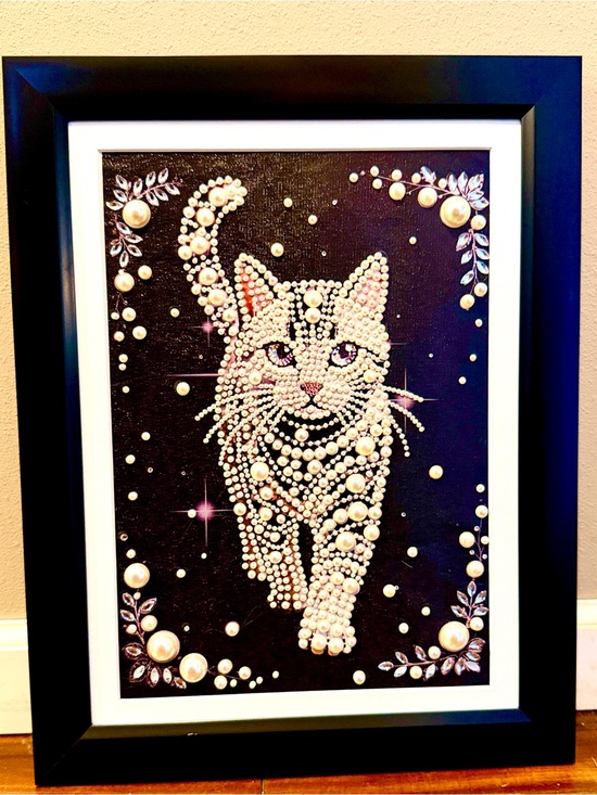 Hand Crafted Other - Framed Pearl Cat Wall Art | Crystal Embellished Mixed Media | 18” x 14”